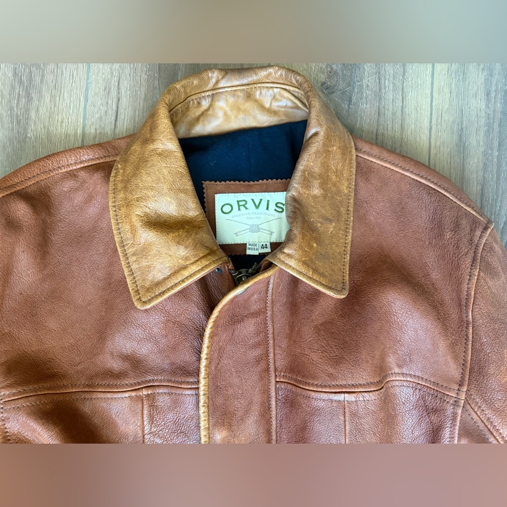 Vintage Orvis Leather Jacket Mens 44 Brown Chorn Barn Wool Cashmere Lined - Picture 2 of 9